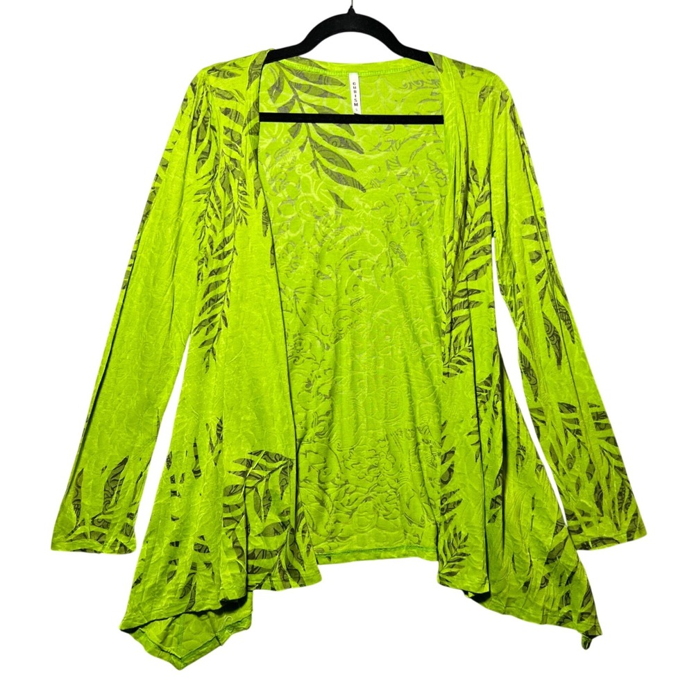 Lime Green Burnout Palm Leaf Open Front Cardigan Small Made in USA Lightweight
